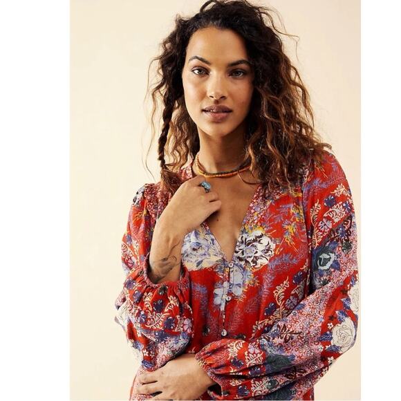 Free People Bohemian Gypsy Maxi Dress Duster Red Retro 70s Festival Size Large - Picture 2 of 14